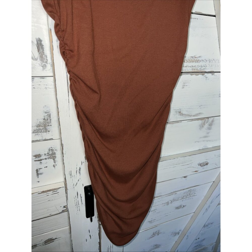 Michael Stars Gia Rib Knit Mock Neck Ruched Mid Legnth Dress M Cap Sleeve Rust - Picture 5 of 11